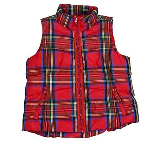 Lands' End Plaid Puffer Vest Womens XL Red Green Full Zip Sleeveless Coat